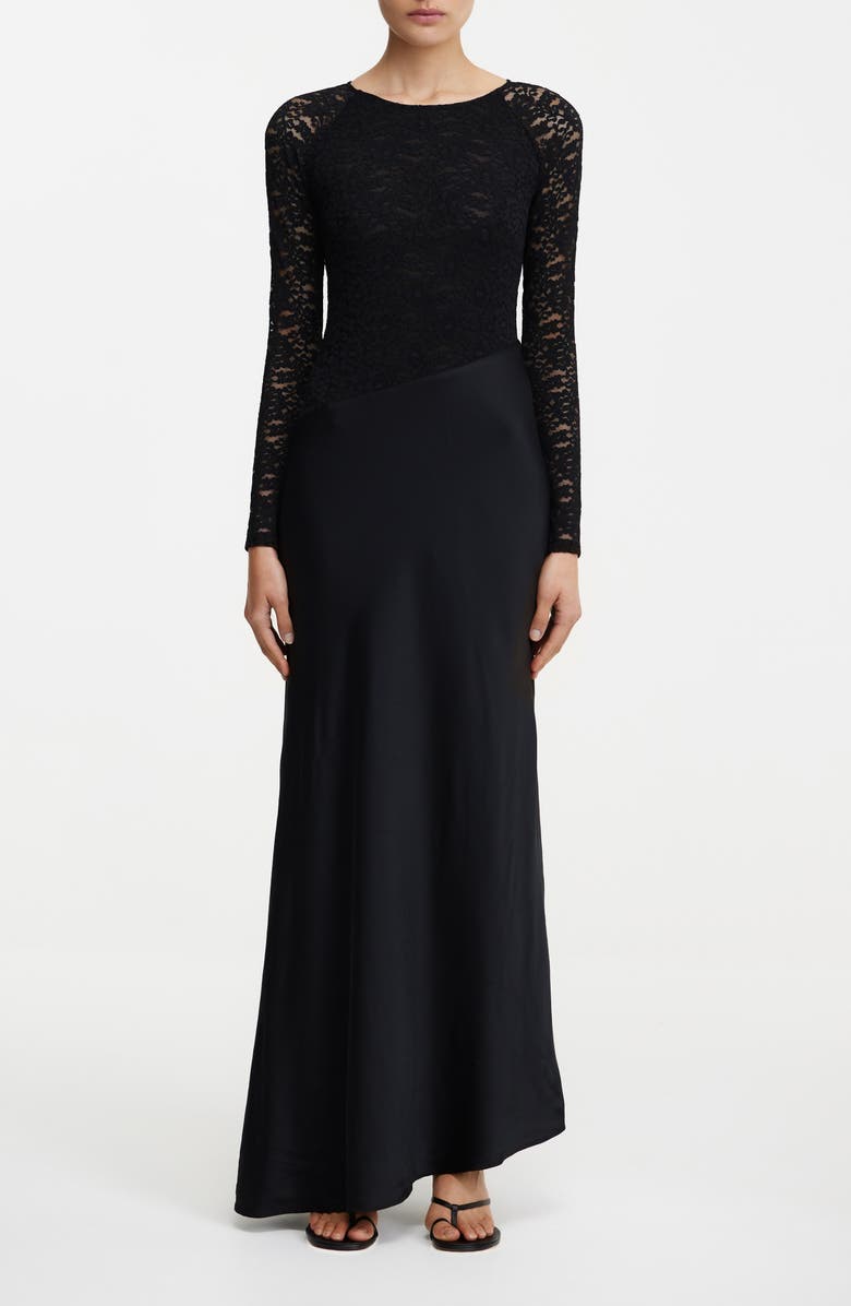 Significant Other Sofiya Long Sleeve Stretch Lace & Satin gown, Main, color, Black