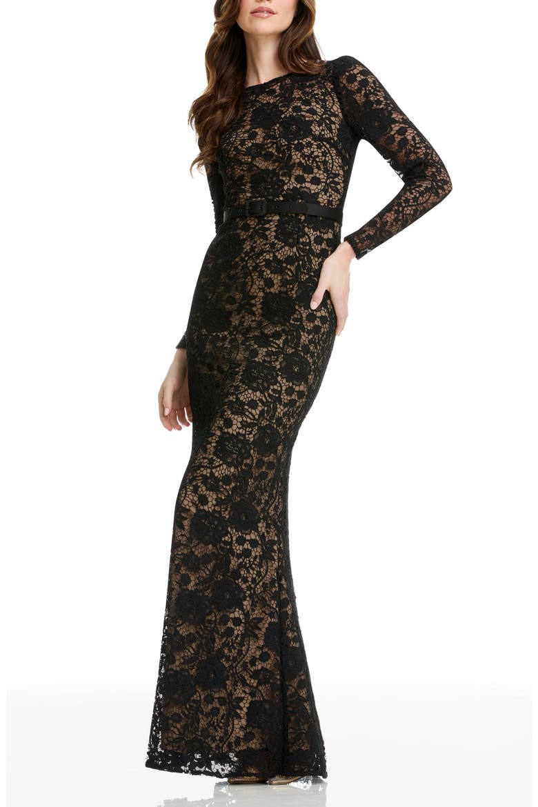Tamra Floral Lace Long Sleeve Mermaid Gown, Alternate, color, BLACK