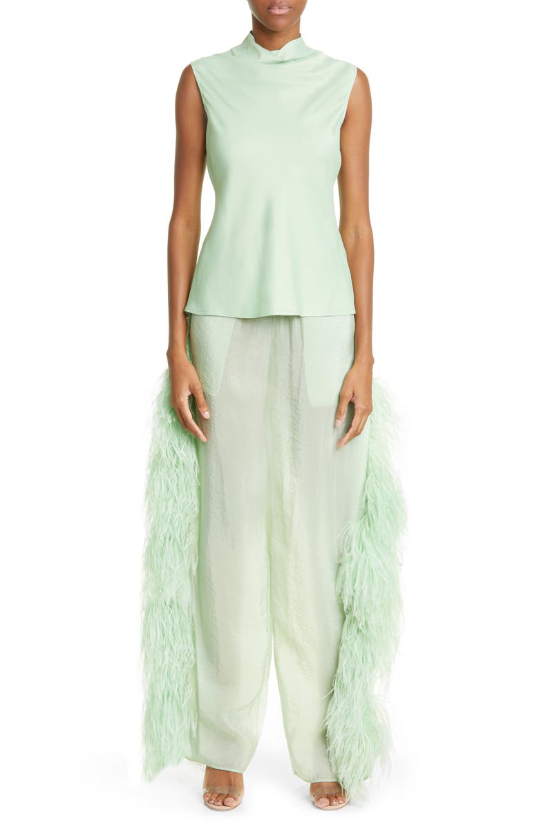 LAPOINTE Ostrich Feather Trim Textured Sheer Cupro Blend Pants, Alternate, color,