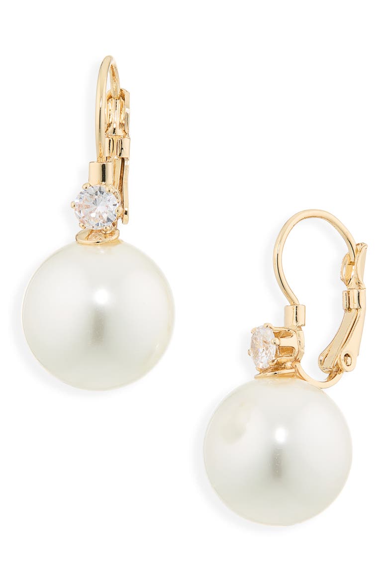 Pearl & Crystal Drop Earrings, Main, color, WHITE- CLEAR- GOLD