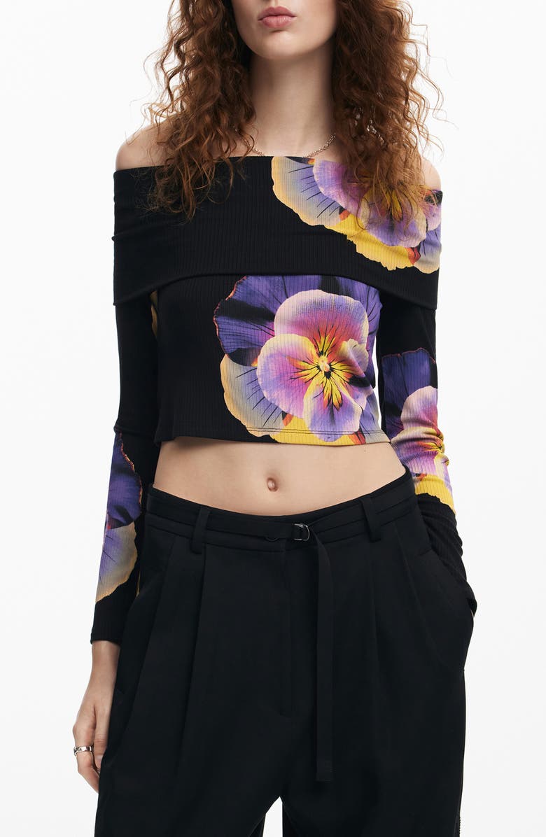 Desigual Pensee Lacroix Pansy Print Off the Shoulder Top, Main, color, 