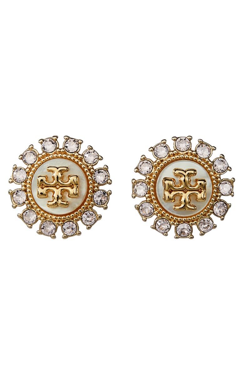 Tory Burch Moondance Mother-of-Pearl & Crystal Stud Earrings, Main, color, Tory Gold / Mop / Crystal
