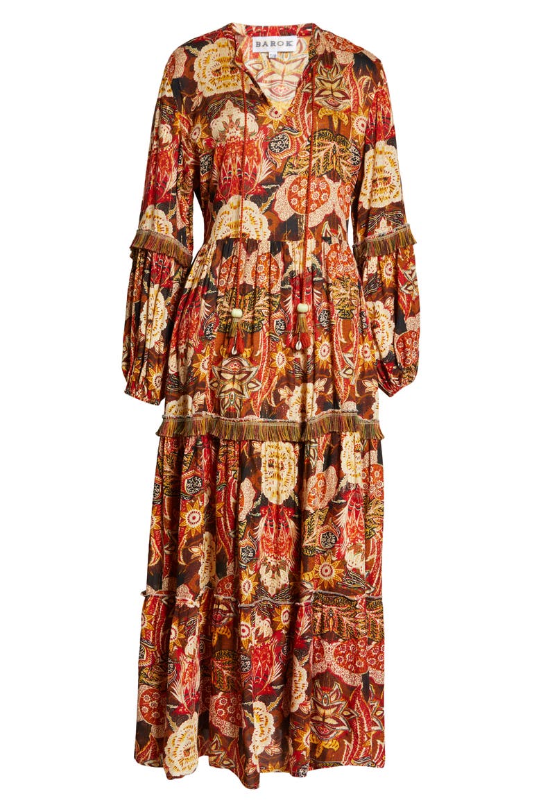 Floral Print Fringe Trim Long Sleeve Maxi Dress, Alternate, color, PUMPKIN
