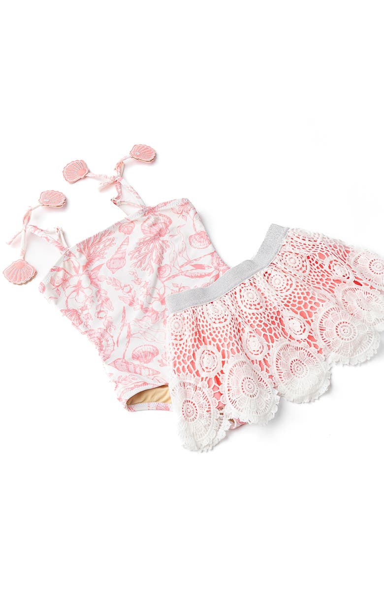 Shade Critters Kids' Seaside UPF 50+ One-Piece Swimsuit & Cover-Up Skirt Set, Alternate, color, Coral