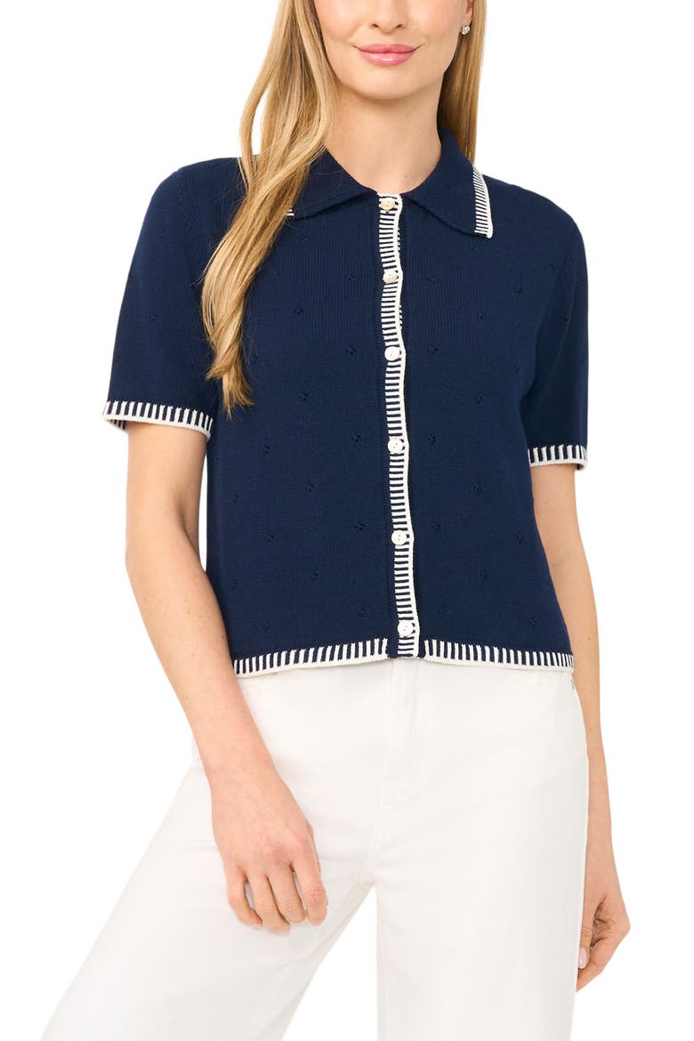 Pointelle Button-Up Cotton Top, Main, color, CLASSIC NAVY