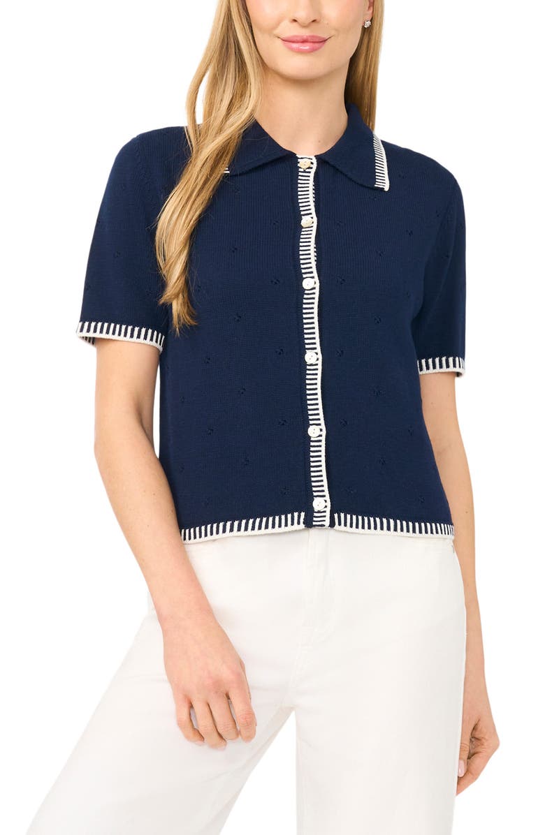 CeCe Pointelle Button-Up Cotton Top, Main, color, Classic Navy
