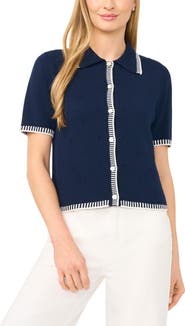 CeCe Pointelle Button-Up Cotton Top