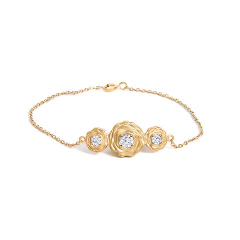 14K Yellow Gold Plated Sterling Silver 1/2 Cttw Lab Grown Diamond Rose Motif Link Bracelet
