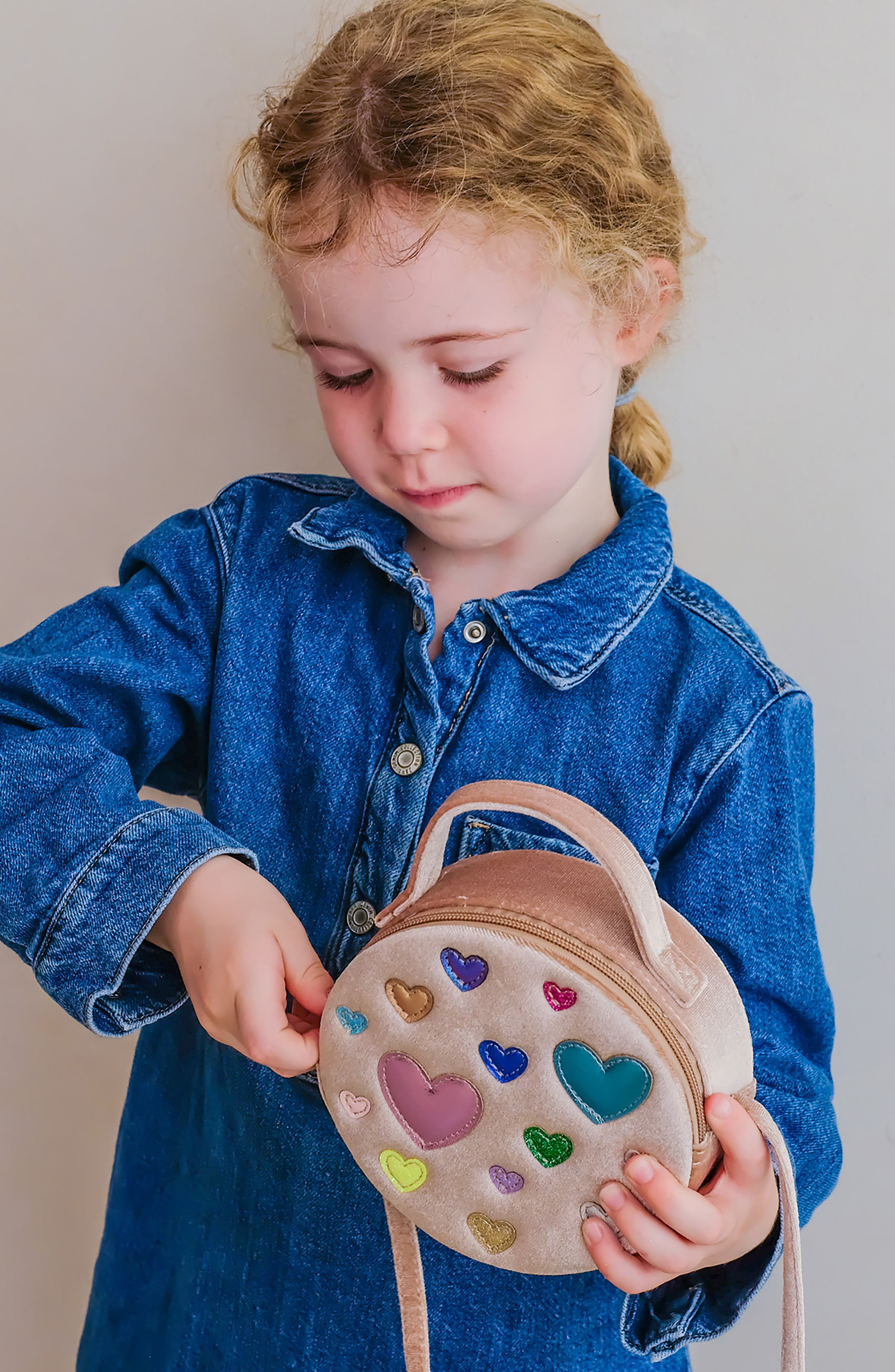 Kids' Scatter Hearts Velvet Bag, Alternate, color, LIGHT BEIGE