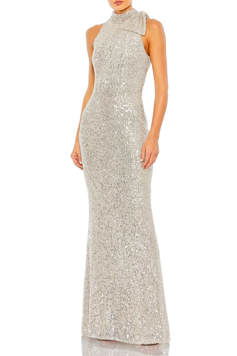 Women's Sequined Soft Tie Halter Neck Column Gown, Main, color, NUDE SILVER