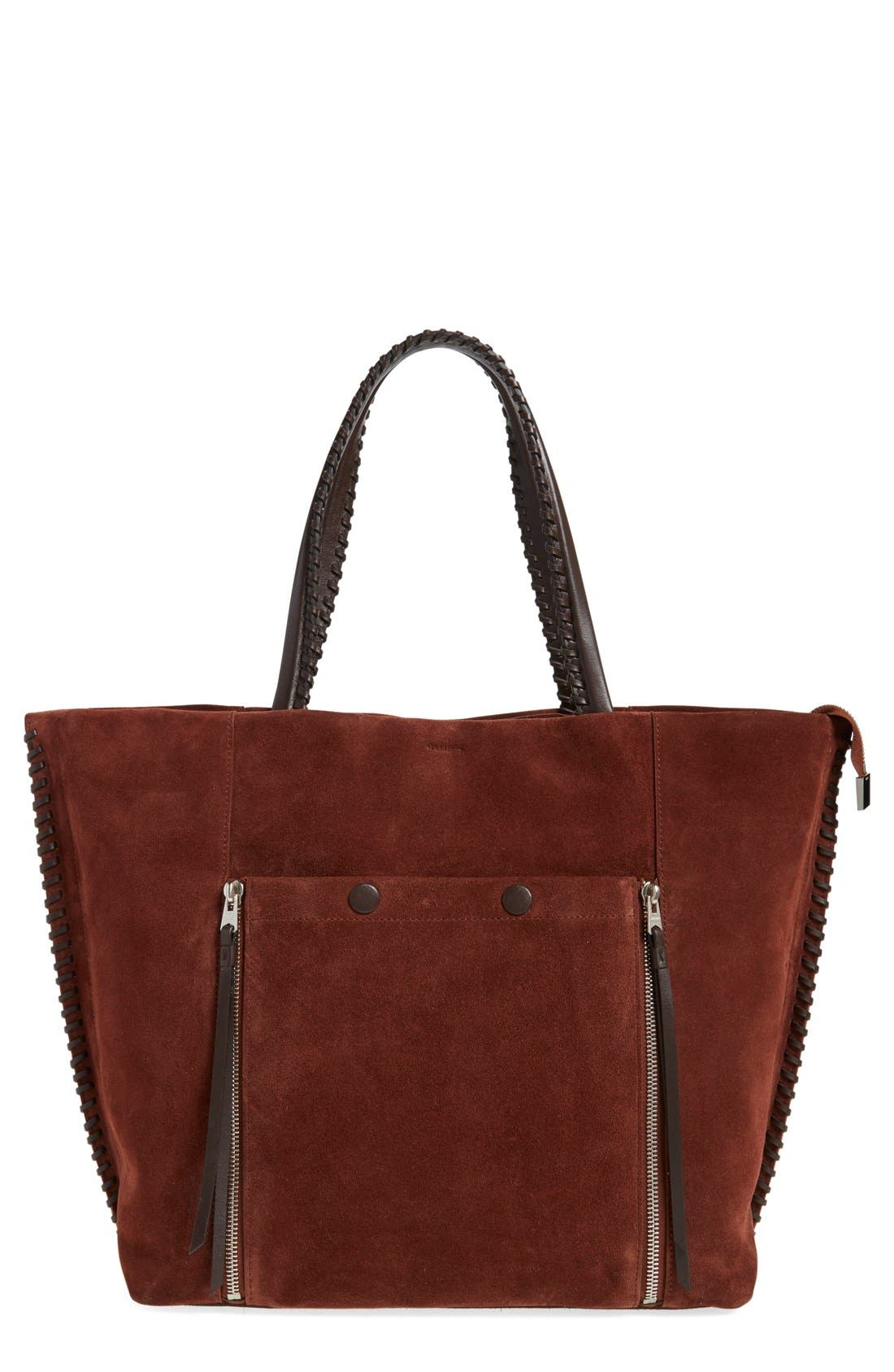 'Fleur de Lis East/West' Suede Tote, Main, color, RUST/ EBONY