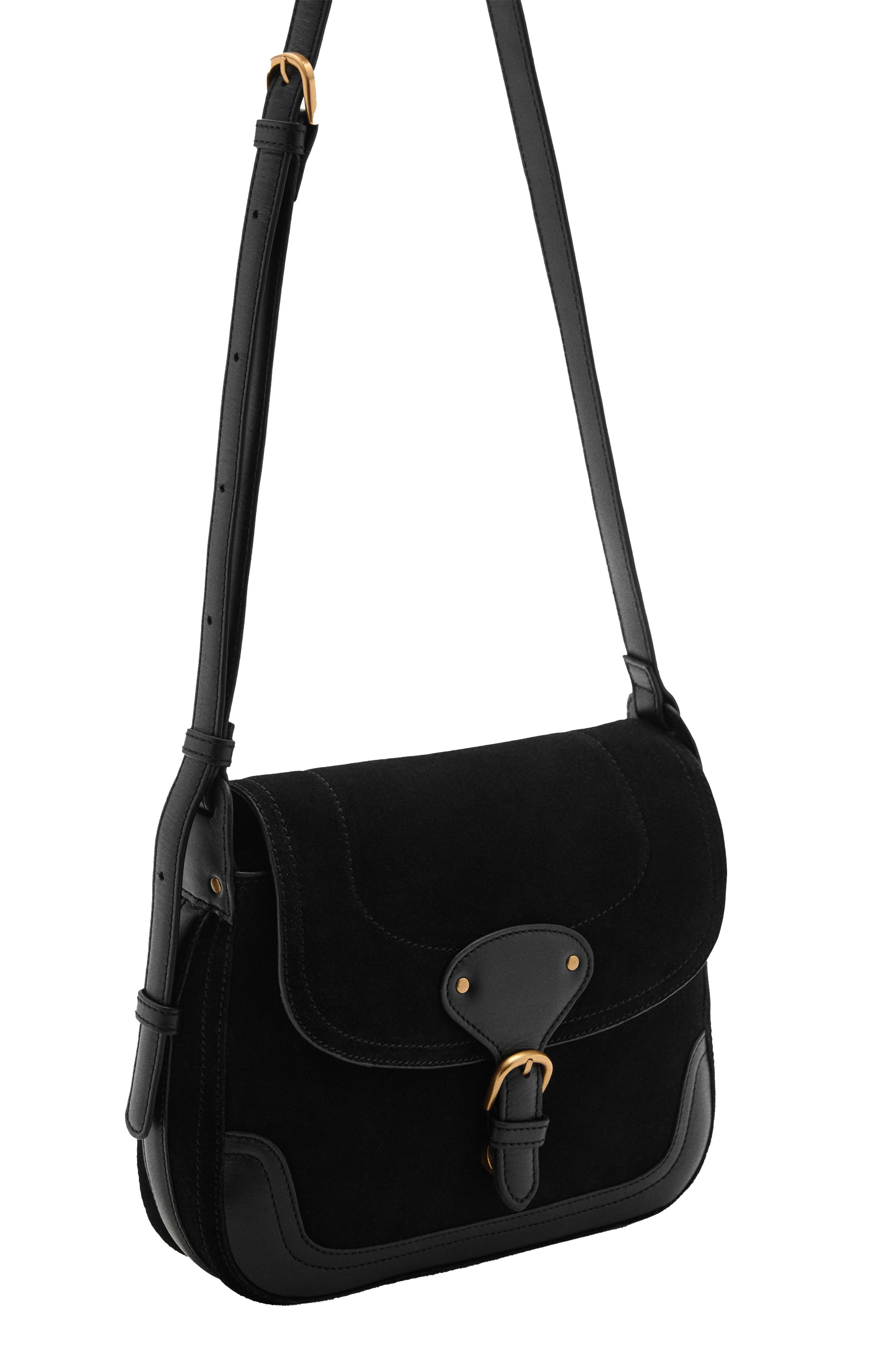 MANGO Buckle Strap Suede & Leather Shoulder Bag, Alternate, color, 