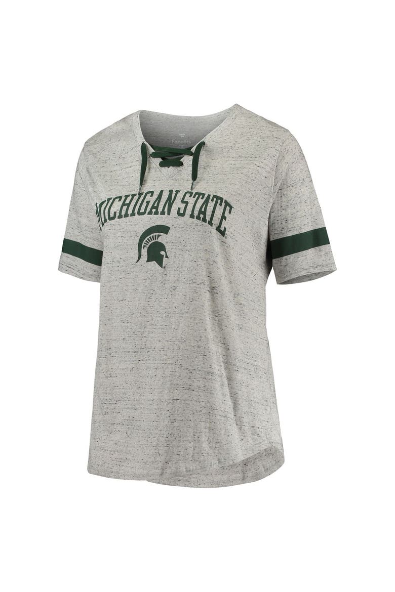 Women's Heathered Gray/Green Michigan State Spartans Plus Size Lace-Up V-Neck T-Shirt, Alternate, color, Heather Gray