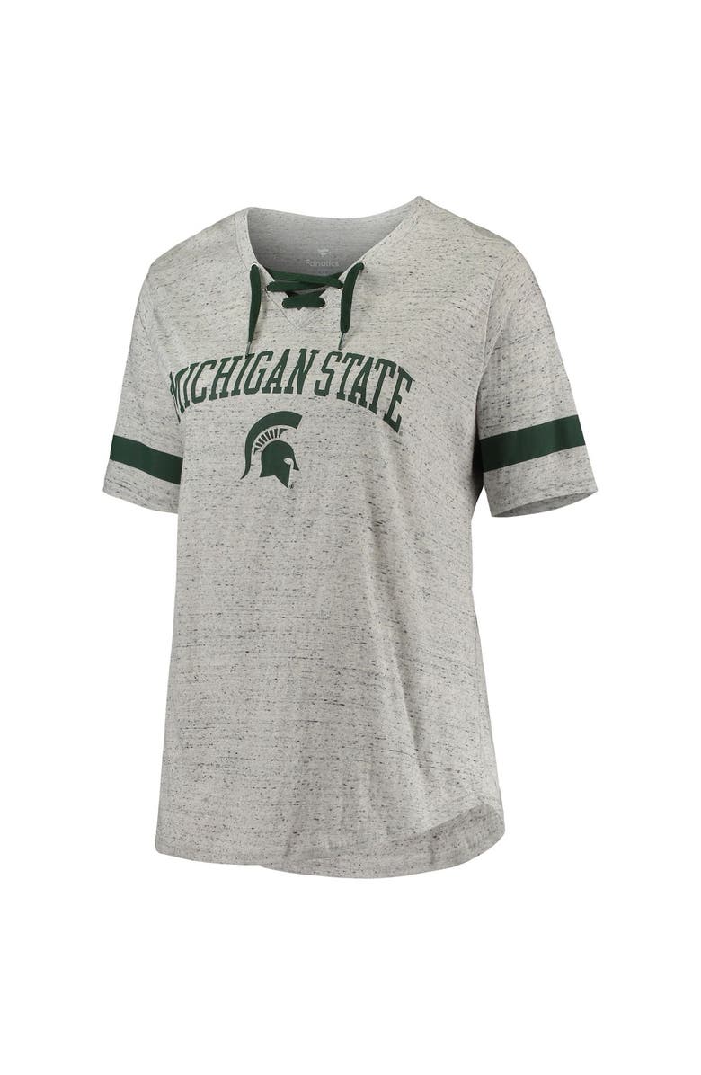 PROFILE Women's Heathered Gray/Green Michigan State Spartans Plus Size Lace-Up V-Neck T-Shirt, Alternate, color, Heather Gray