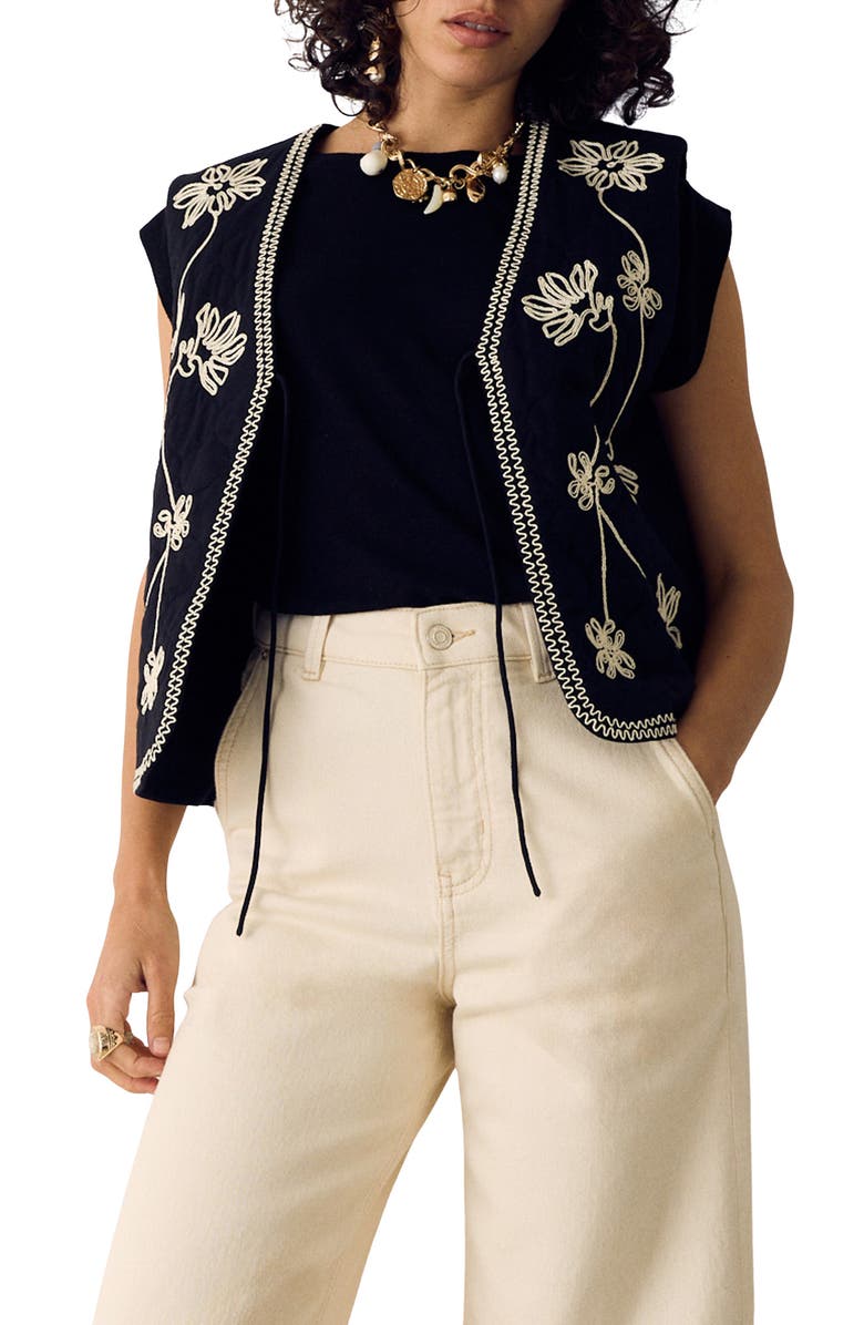 PER UNA BY M&S Embroidered Cotton Vest, Main, color, Black/ Multi