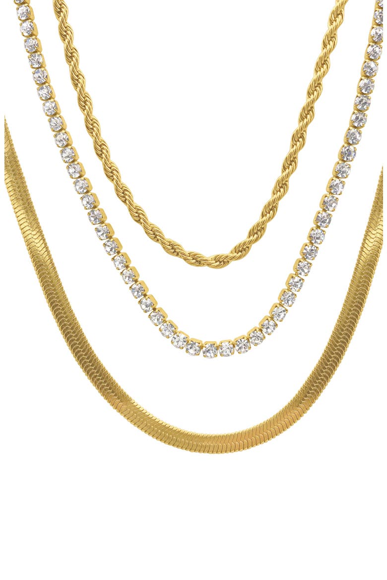 Water Resistant 14K Yellow Gold Plated Herringbone, Rope, & Tennis Chain Necklace Set, Main, color, YELLOW