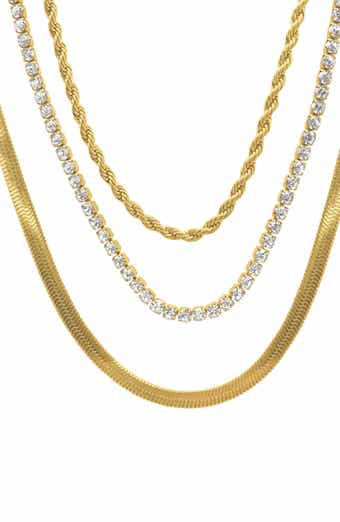 Adornia Water Resistant 14K Yellow Gold Plated Herringbone, Rope, & Tennis Chain Necklace Set
