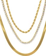 Adornia Water Resistant 14K Yellow Gold Plated Herringbone, Rope, & Tennis Chain Necklace Set