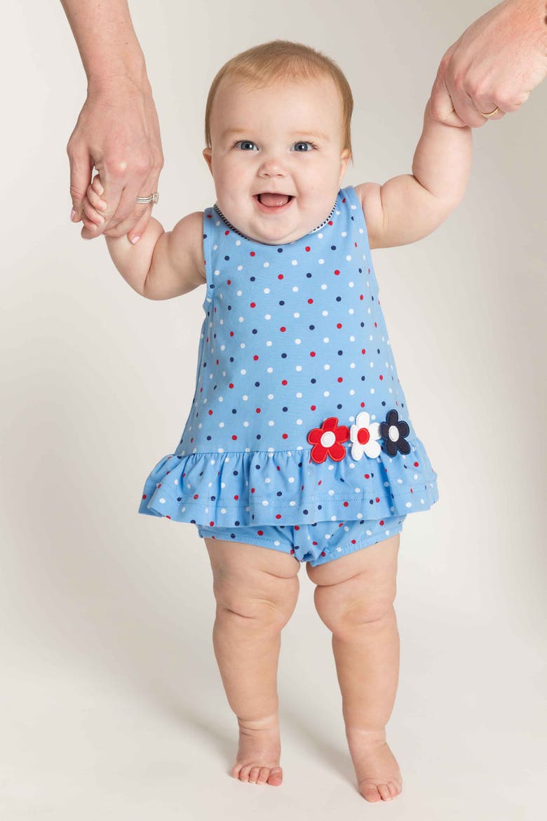 Printed Knit Romper With Flowers, Alternate, color, Blue/Multi