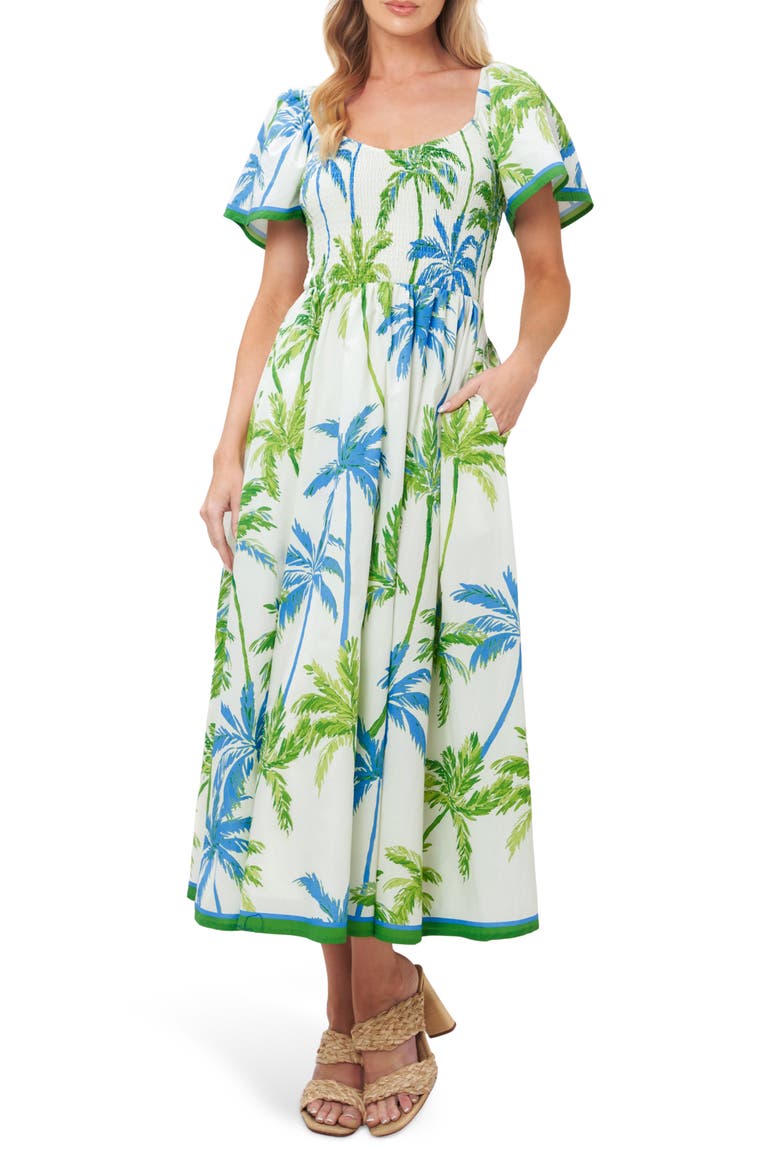 Print Midi Dress, Main, color, WHITE/ GREEN