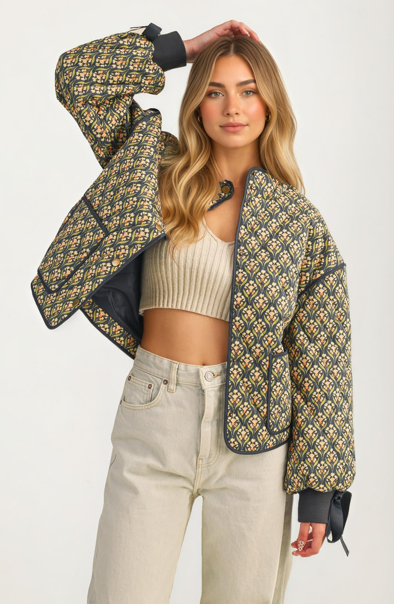 Knit and Lounge Floral Quilted Ribbon Open Front Jacket, Alternate, color, 