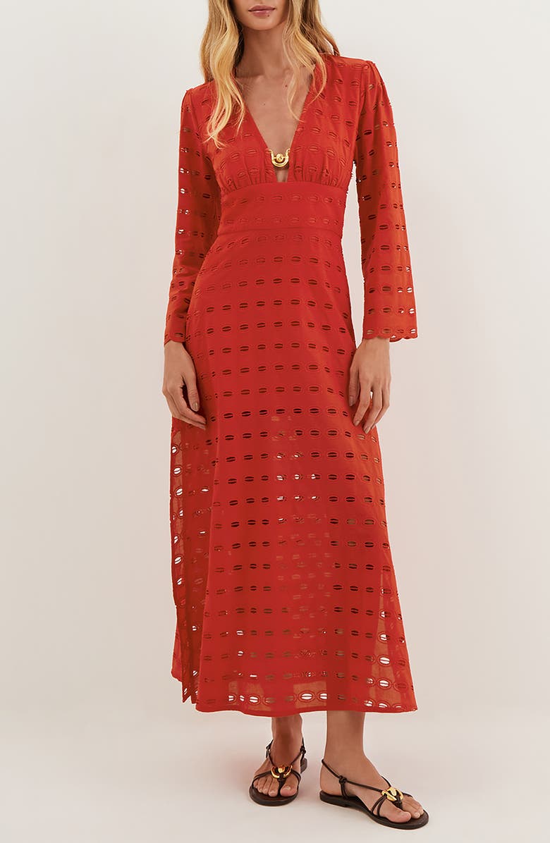 ViX Paula Hermanny Raya Eyelet Long Sleeve Cover-Up Maxi Dress, Main, color, Red