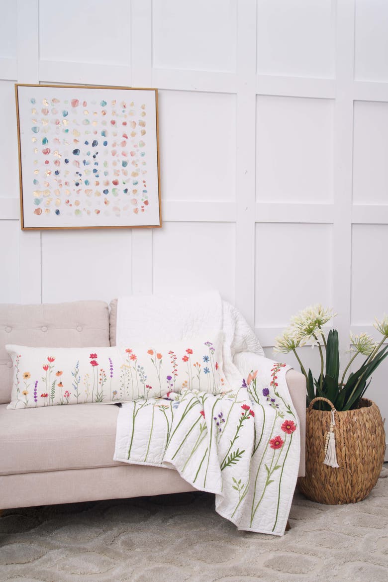 Botanical Field Flowers Cotton Blend Spring Accent Pillow 12" x 36", Alternate, color, White