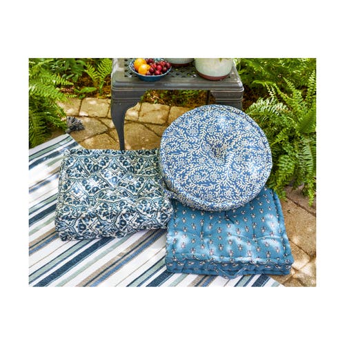 Tag Medallion Print Cotton Floor Accent Throw Pillow With Handles In Blue