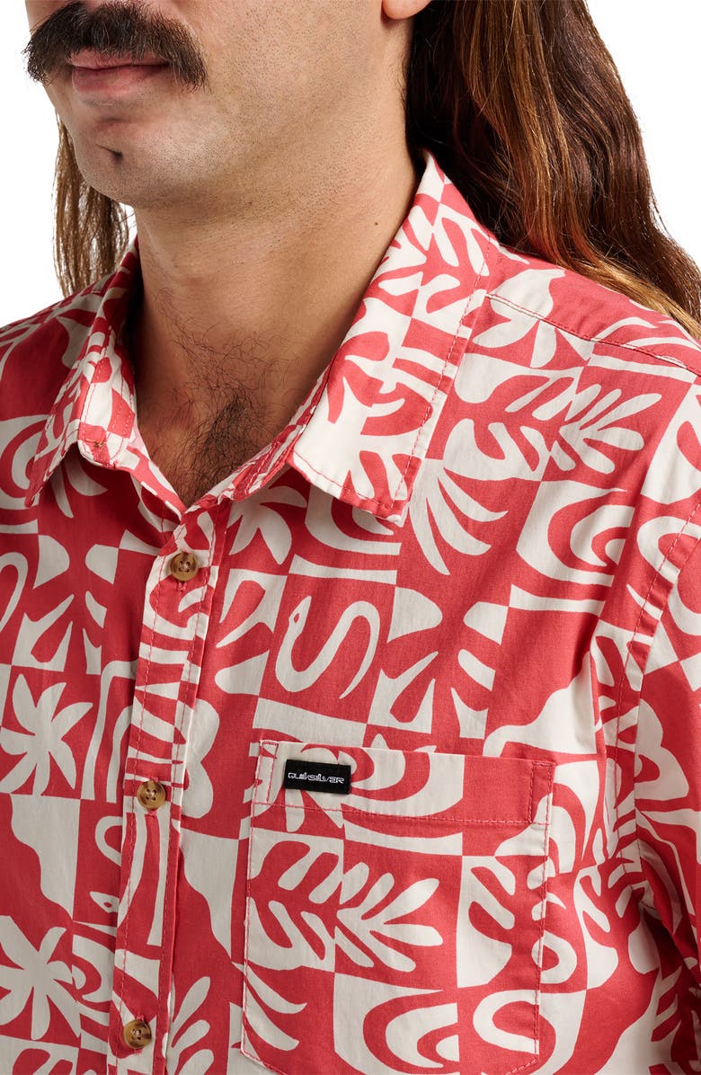 Quiksilver Terra Classic Abstract Print Short Sleeve Stretch Cotton Button-Up Shirt, Alternate, color, Mineral Red