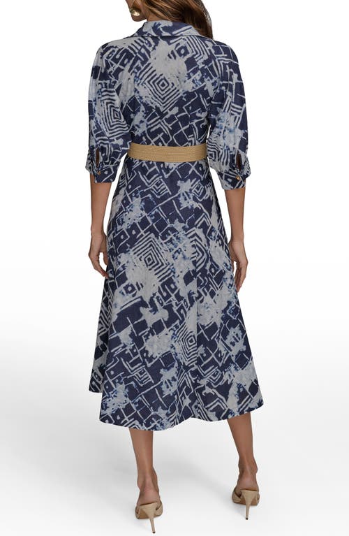 Shop Donna Karan New York Print Belted Long Sleeve Linen Blend Maxi Shirtdress In Ink Multi