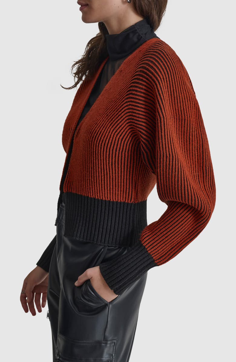 DKNY Contrast Rib Cardigan, Alternate, color, Russet/ Black