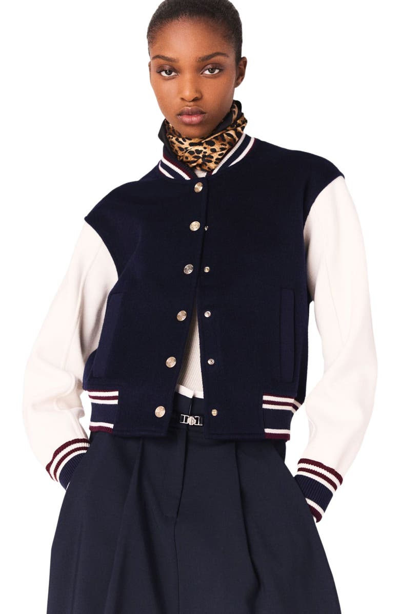 maje Mixed fabric bomber, Alternate, color, Navy