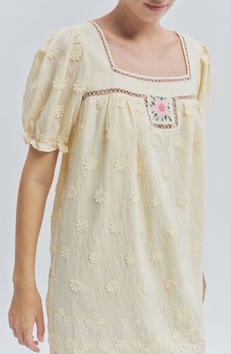 MAUDE CLUB Odette Floral Appliqué Mini Babydoll Dress, Alternate, color, Butter Yellow