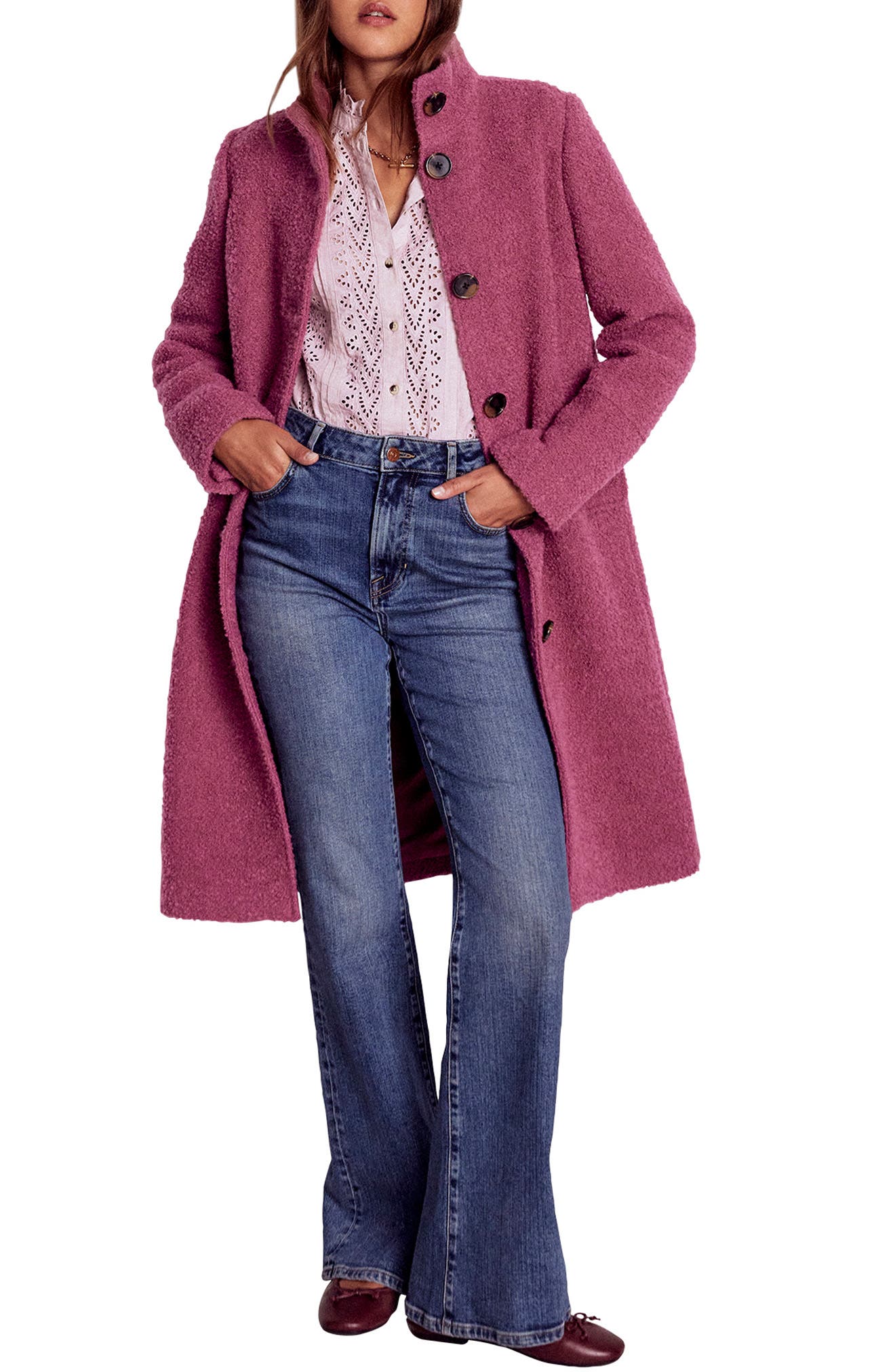 Textured Wool Blend Stand Collar Coat