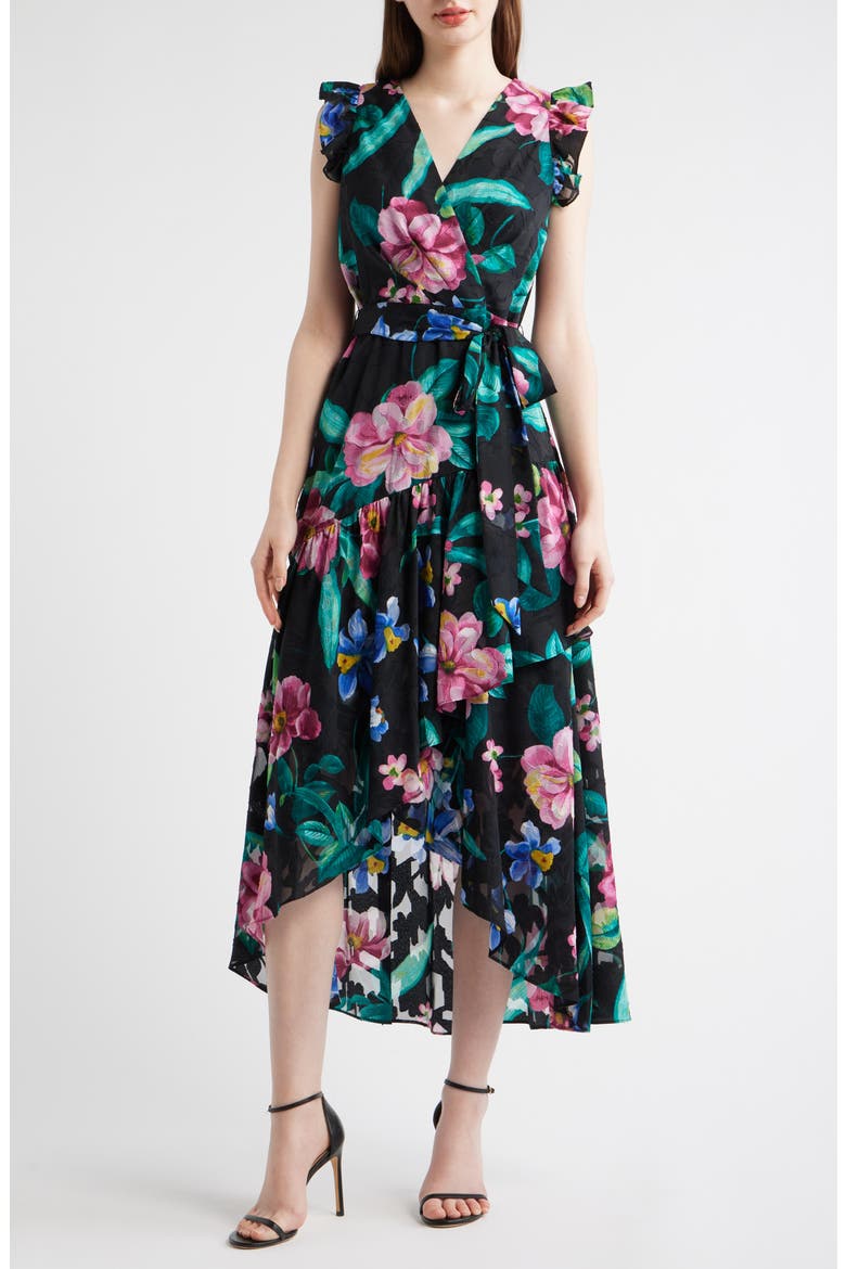Print Ruffle High-Low Maxi Dress, Main, color, ANNE BLACK MULTI