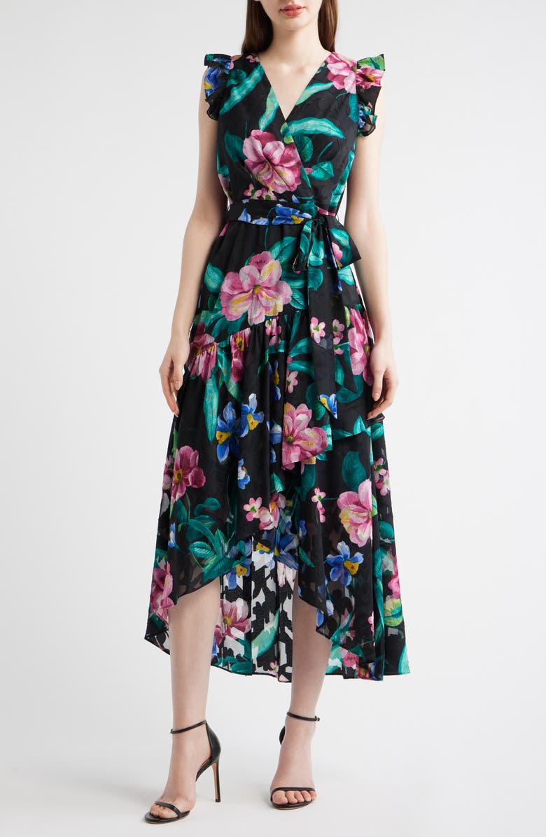 Anne Klein Print Ruffle High-Low Maxi Dress, Main, color, Anne Black Multi