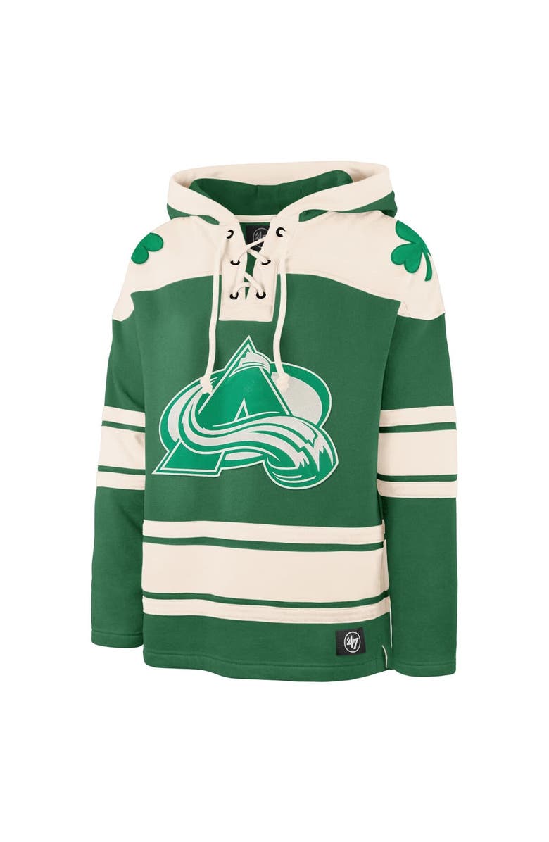 '47 Men's '47 Nathan MacKinnon Kelly Green Colorado Avalanche St. Patrick's Day Player Name & Number Lacer Pullover Hoodie, Alternate, color, Kelly Green