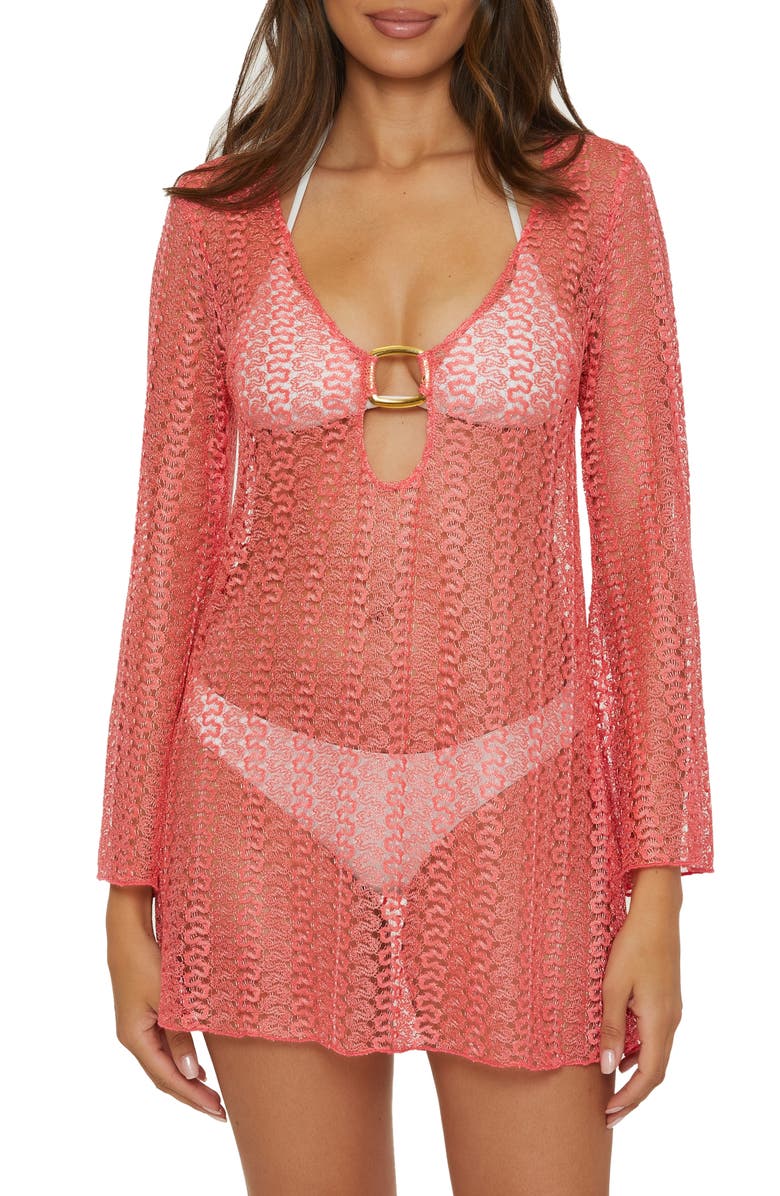Becca Golden Beach Long Sleeve Lace Cover-Up Tunic, Main, color, Coral Reef
