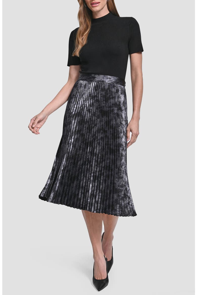 Metallic Oil Spill Pleated Midi Skirt, Alternate, color, GUNMETAL