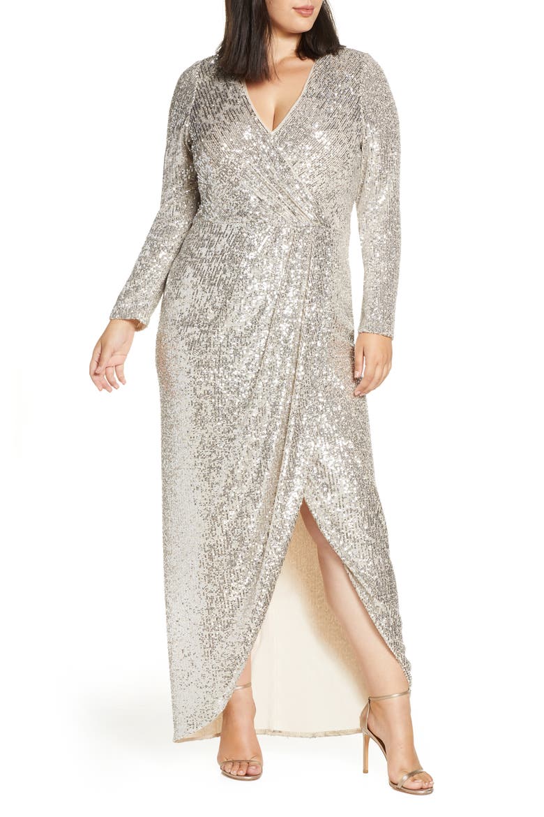 Xscape Long Sleeve Faux Wrap Sequin Gown, Alternate, color, NUDE/ SILVER