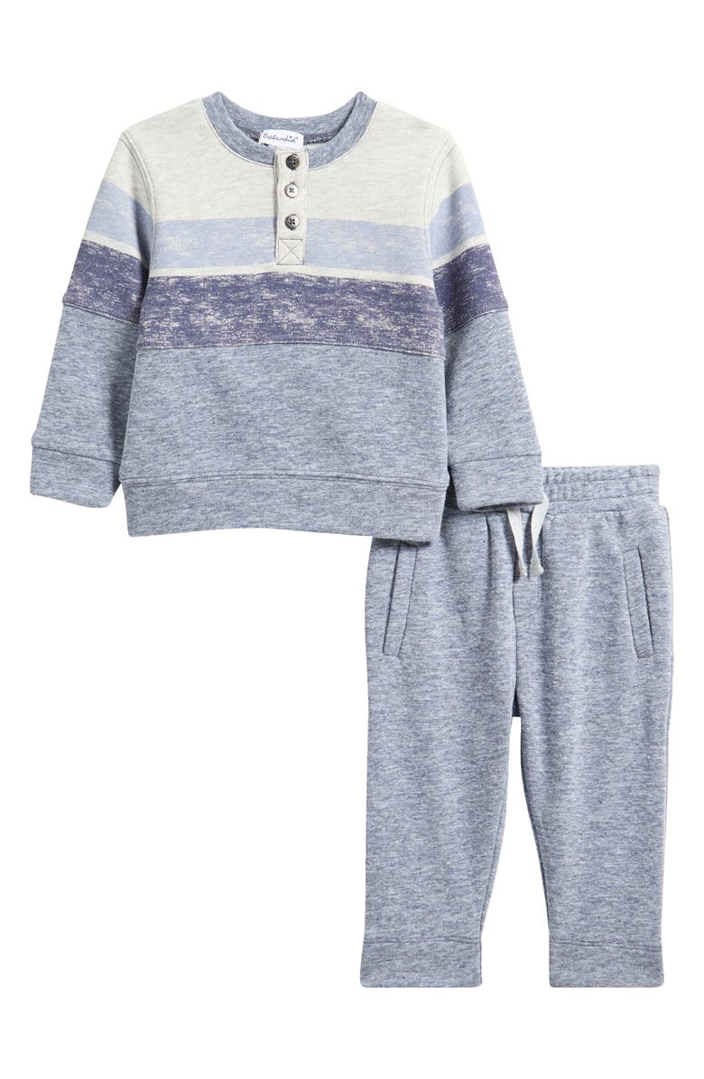 Splendid Blake Block Stripe Henley Sweatshirt & Sweatpants Set, Main, color, Heather Grey/ Navy