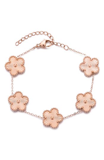 Adornia Tarnish Resistant 14k Rose Gold Plated 5-leaf Clover Station Bracelet In Pink