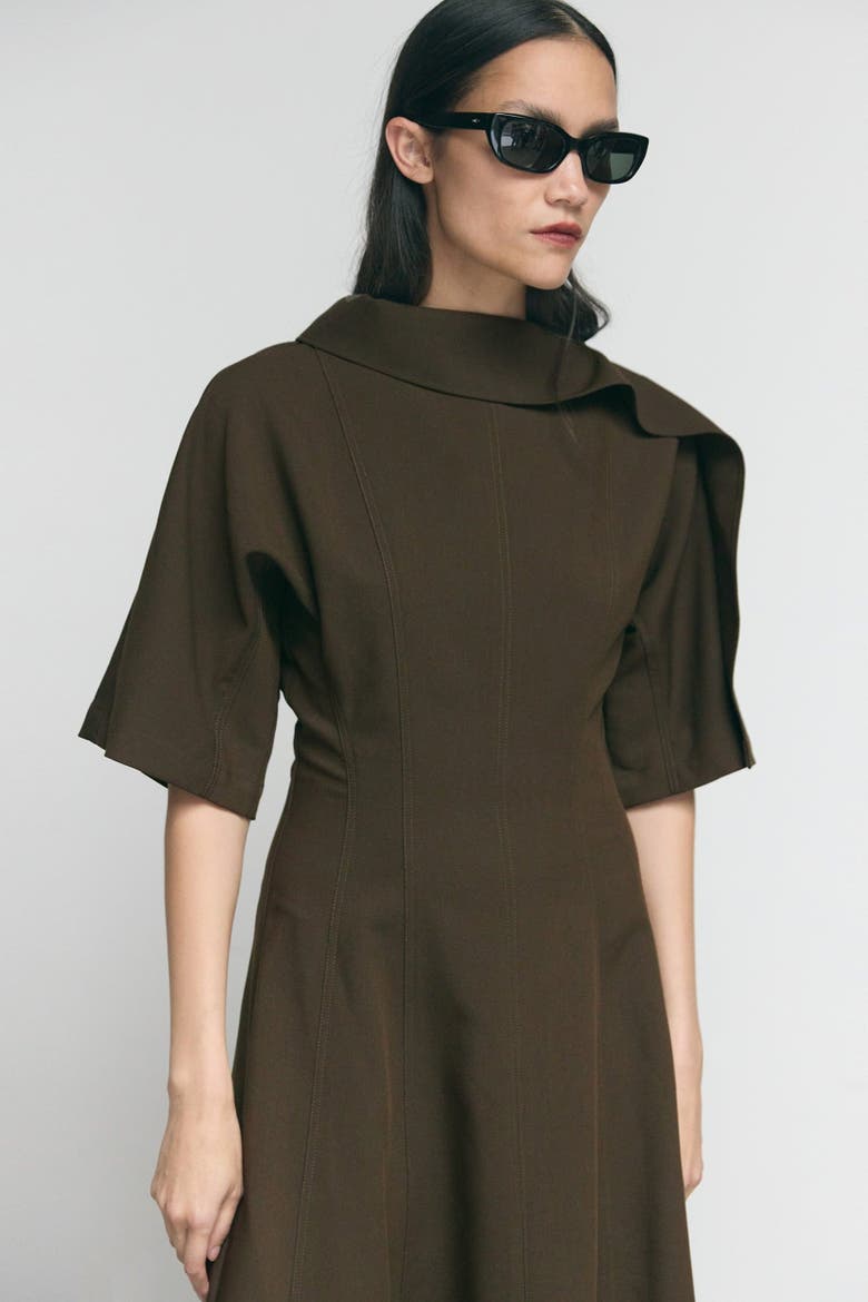 Addison Foldover Scarf-Neck Dress, Alternate, color, Olive Brown