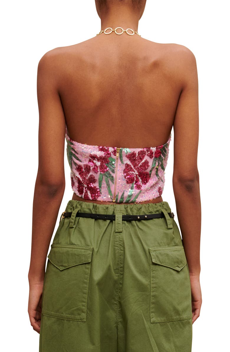 maje Lustik Floral Sequin Crop Halter Top, Alternate, color, Print Pink Hibiscus