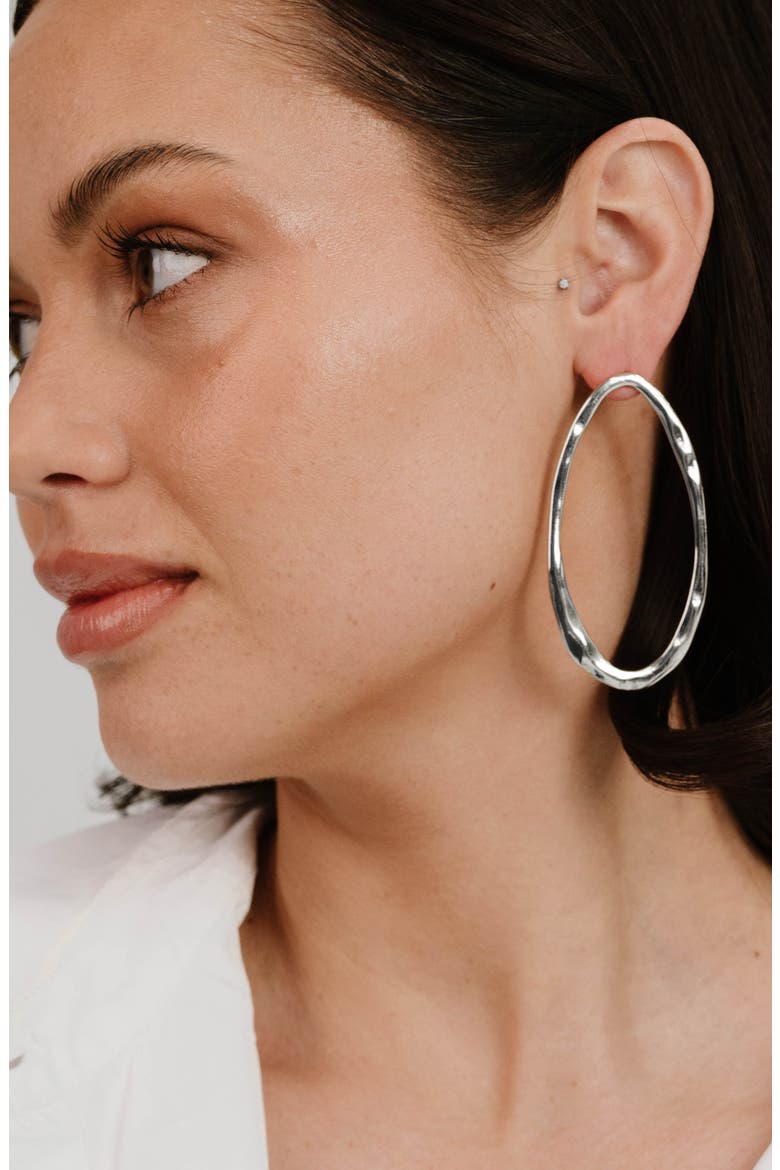Large Oval Hammered Hoop Earrings, Alternate, color, SILVER