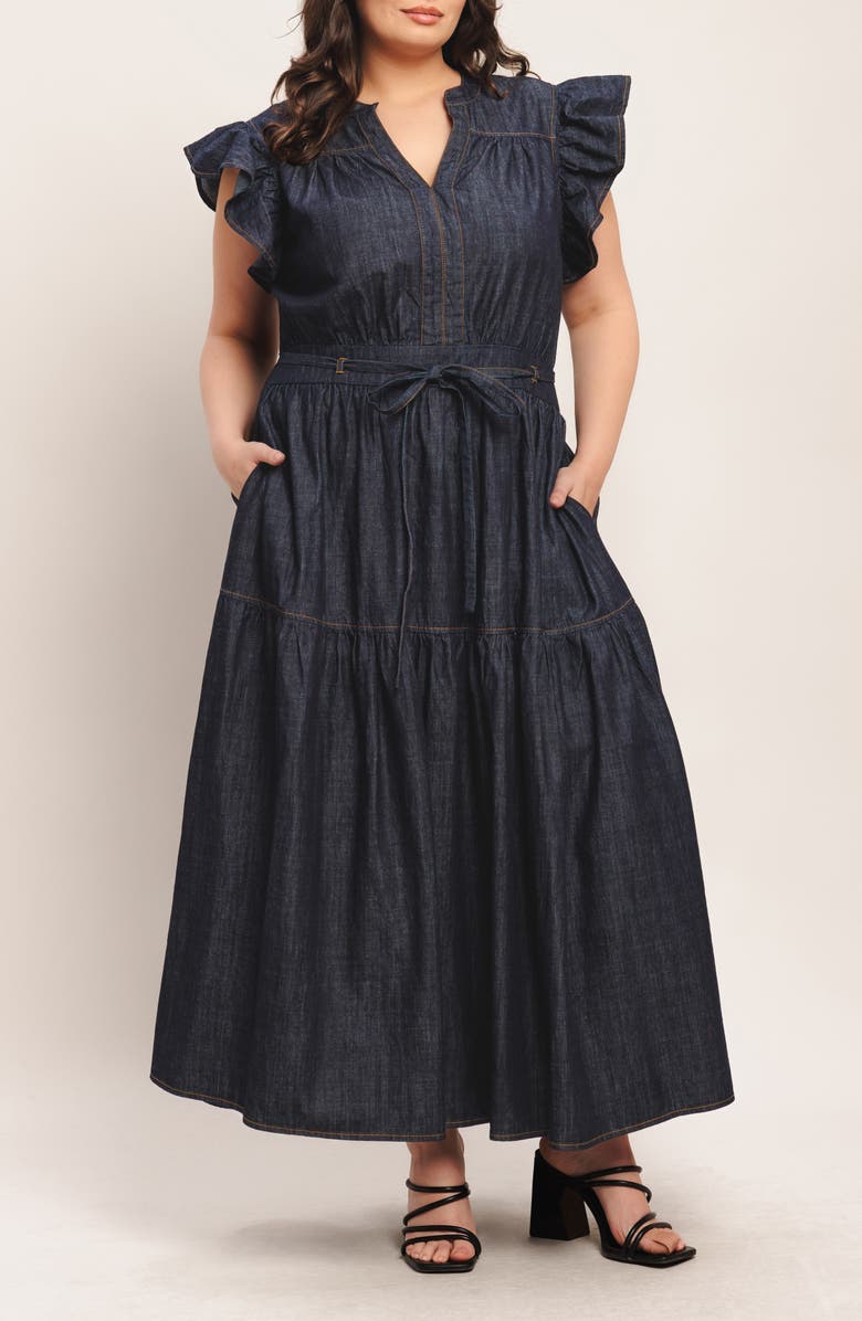 FLYING TOMATO Cap Sleeve Denim Maxi Dress, Alternate, color, Dark Indigo