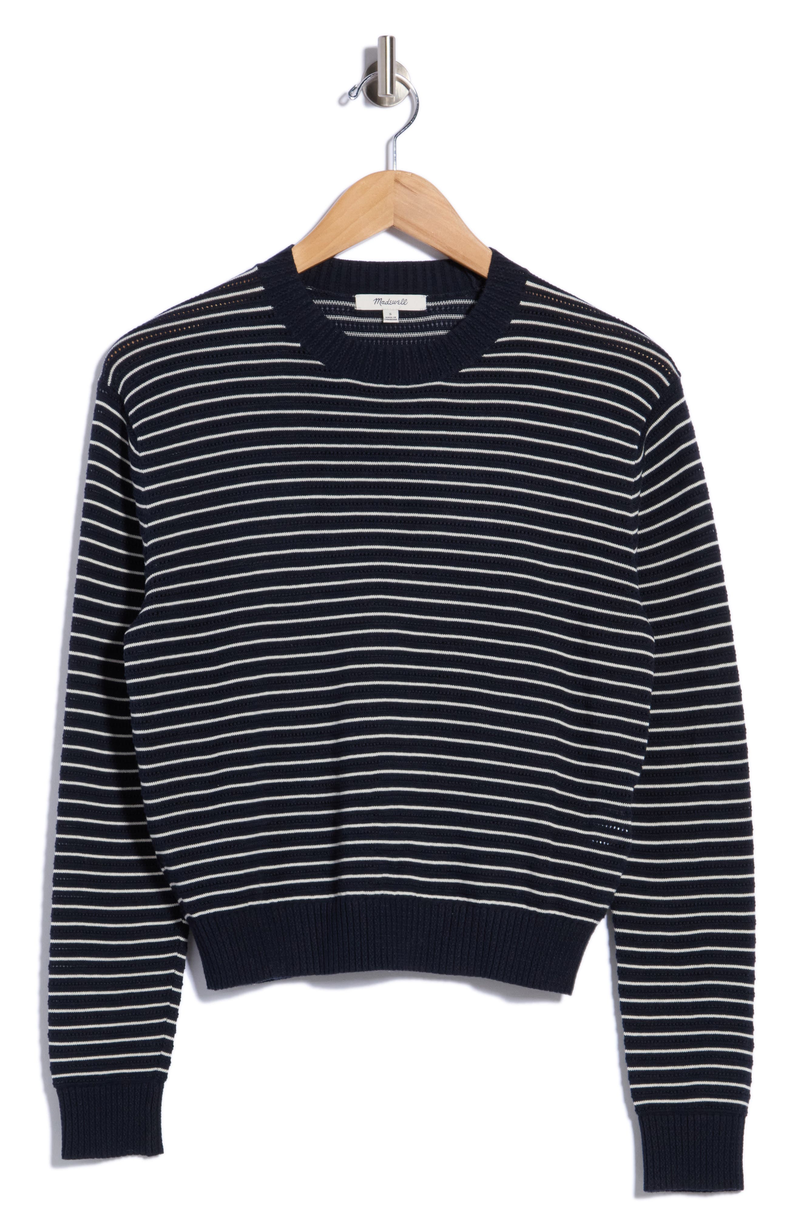 Striped Textured Stitch Cotton Crewneck Sweater