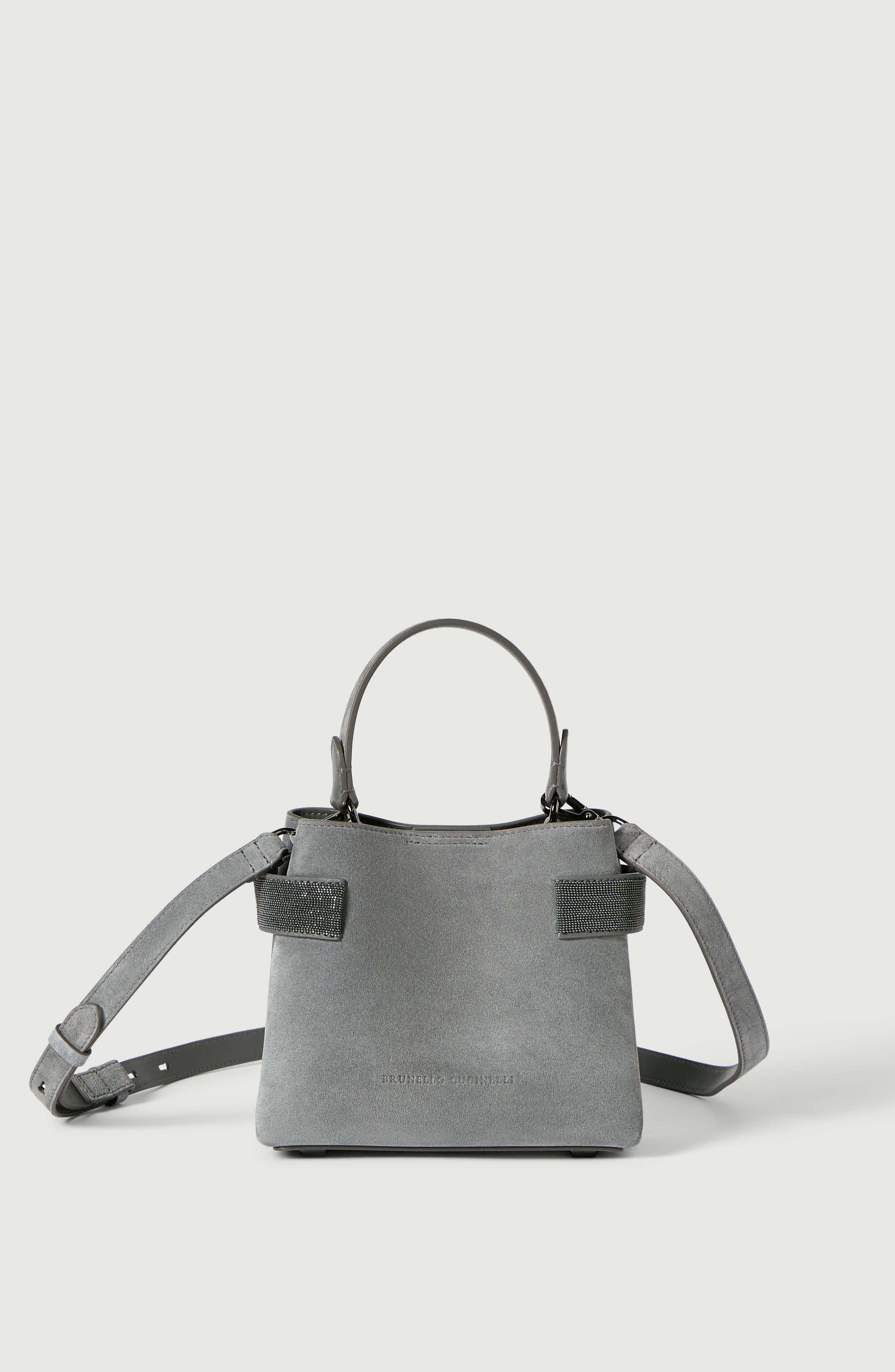 Essence small top-handle bag in suede with precious bands, Main, color, Stone Grey