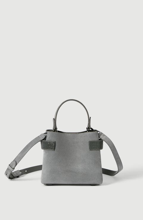 Essence small top-handle bag in suede with precious bands