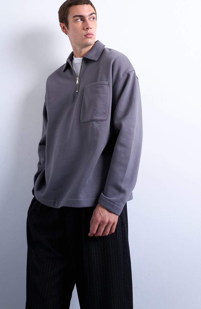 Topman Oversize Long Sleeve Quarter Zip Polo, Main, color, Grey